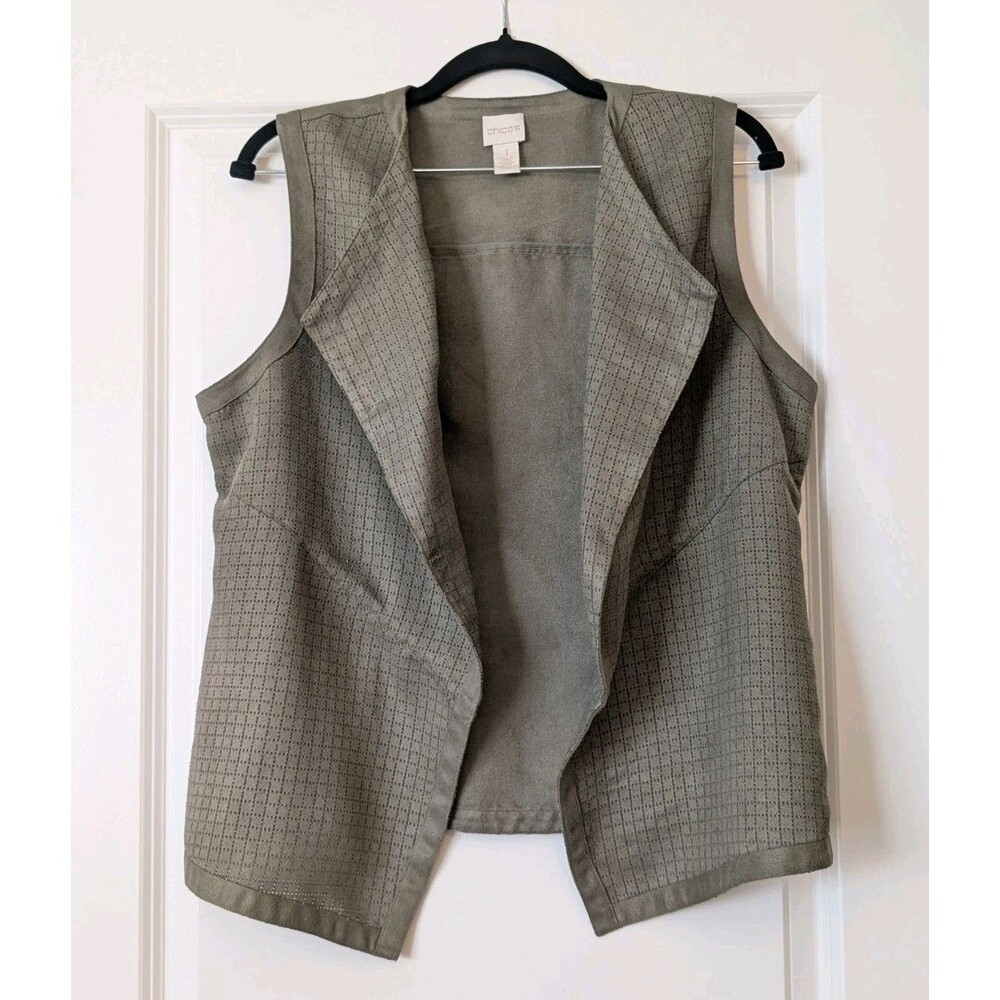 Chico's Size 1 Medium 8/10 Olive Green Faux Suede Open Front Flyaway Vest